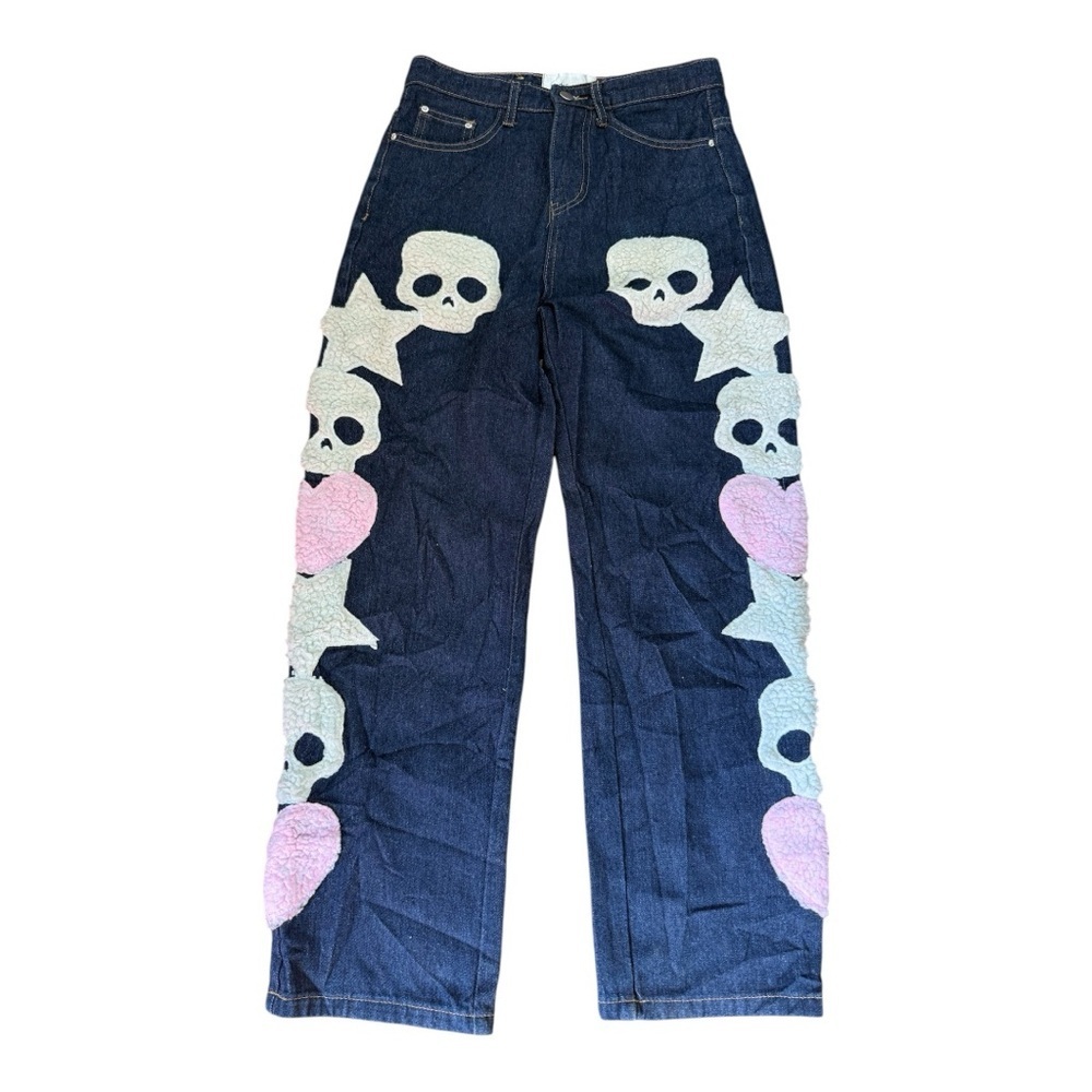 Made Extreme Women's Blue Jeans with Skull and Heart Design